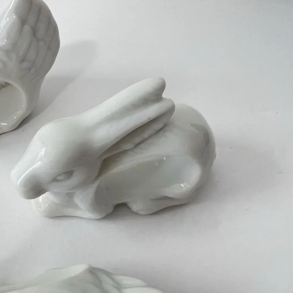 Vintage 1984 White Ceramic Farm Animal Napkin Rings Holders Set 4 Japan